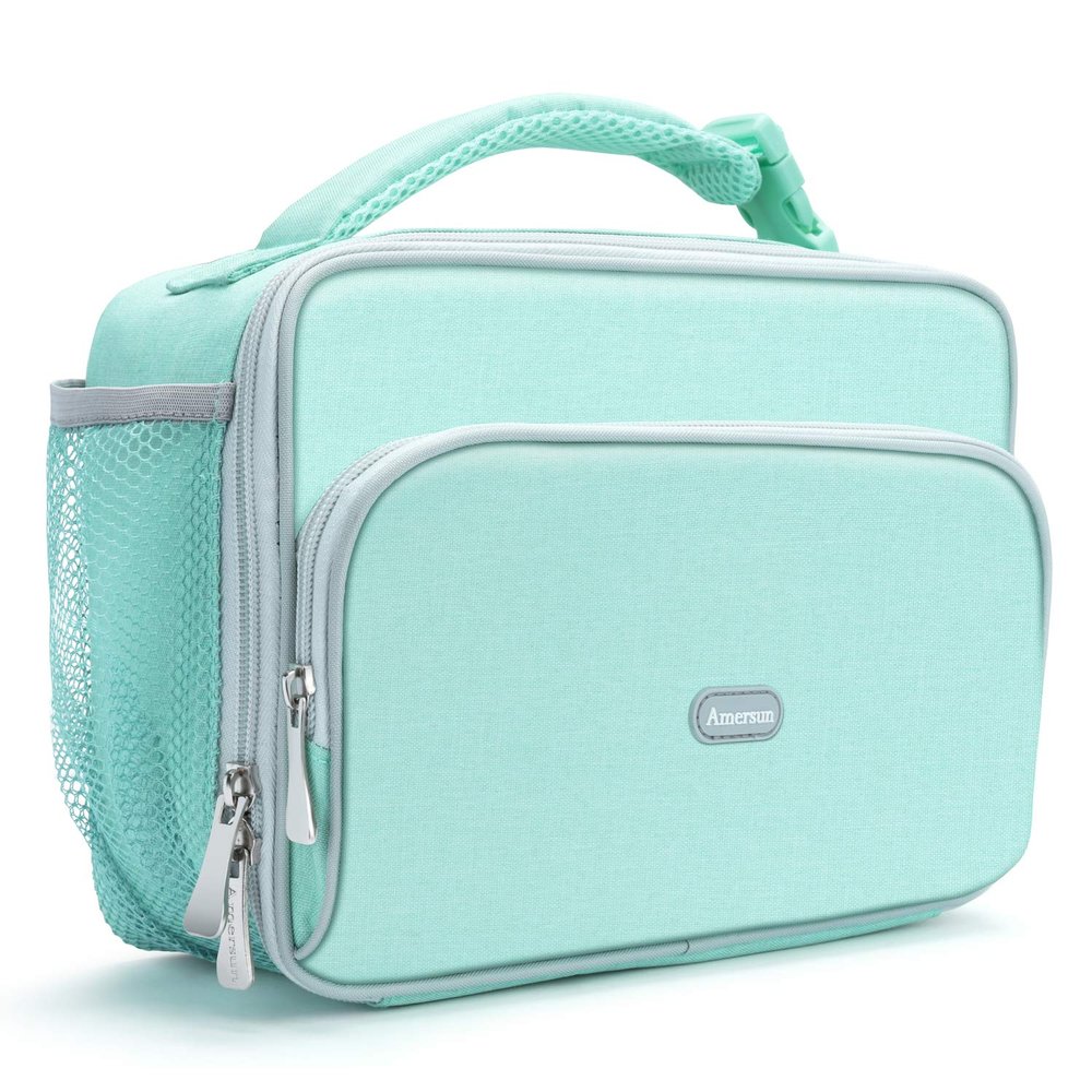 Amersun Kids Lunch Box, Insulated School Lunch Bag with Padded Liner Keep Food Warm Cold for Long Time,Water-resistant Thermal Travel Office Lunch Cooler for Girls Boy-2 Pocket,Light Blue