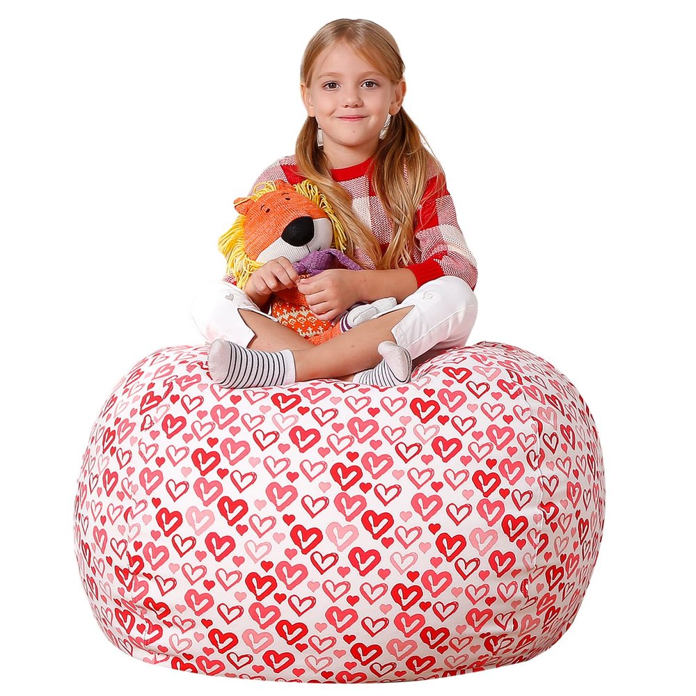 Aubliss Stuffed Animal Bean Bag Storage Chair, Beanbag Covers Only for Organizing Plush Toys, Turns into Bean Bag Seat for Kids When Filled, Medium 32"-Canvas Pattern Heart