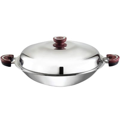 BUFFALO Stainless Steel Wok Pan with Lid Round Bottom 14 inch (35cm) Stir Frying Pan Tri-Ply Nonstick Cookware - Double Handle Cooking Pot for Induction/Electric/Gas Stoves