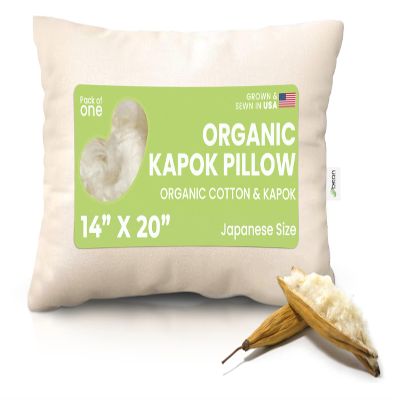 Bean Products Japanese Organic Kapok Pillow + Natural Org Case - 14" x 20" - Organic Cotton Zippered Shell - Made in USA