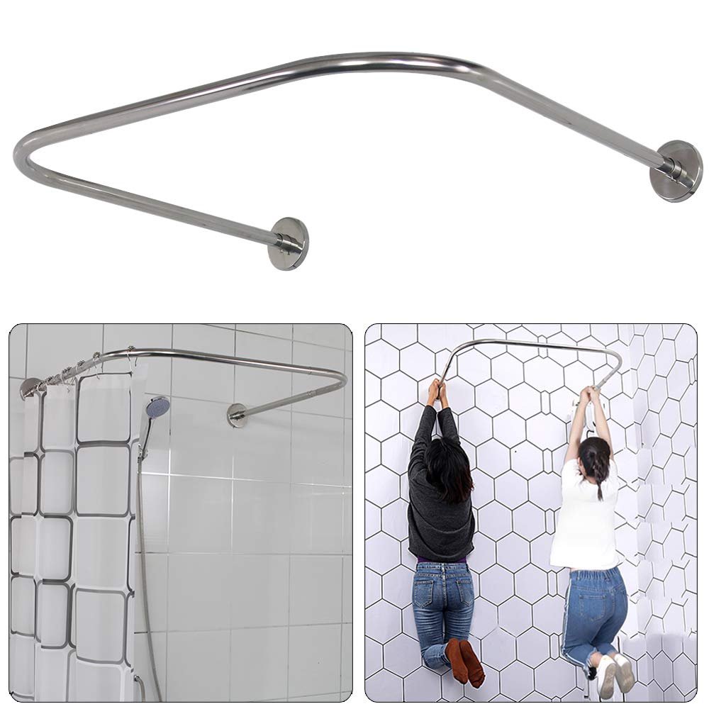 U Shaped Shower Curtain Rod (Both sides: 31.5"-47", Middle: 34.7"-43") Adjustable Genuine 304 Stainless Bathroom Bathtub Shower Curtain Rod Rack with 12 Shower Curtain Rings - Silver