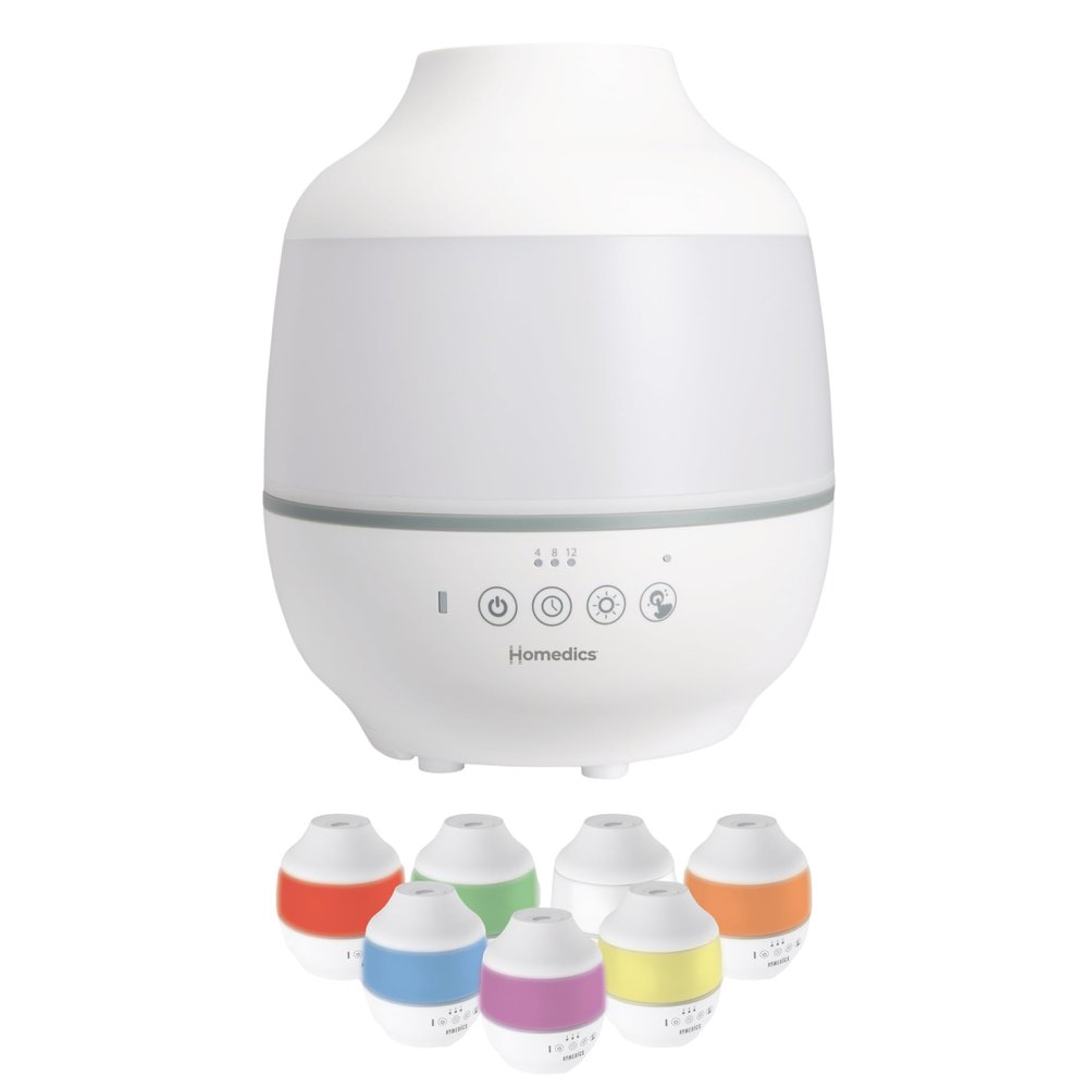 Homedics TotalComfort Humidifier  Large Air Humidifiers for Bedroom, Plants, Office  Cool Mist, Essential Oil Pads and Built-In Timer, 7-Color Night-Light, 2 Mist Settings, White