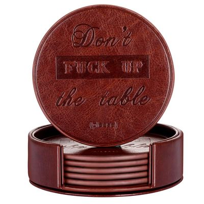 Funny Coasters, Thipoten 6 Pcs Leather Coasters with Holder, Perfect Housewarming Hostess Gifts, Protect Furniture from Water Marks Scratch and Damage(6Pcs, Coffee)
