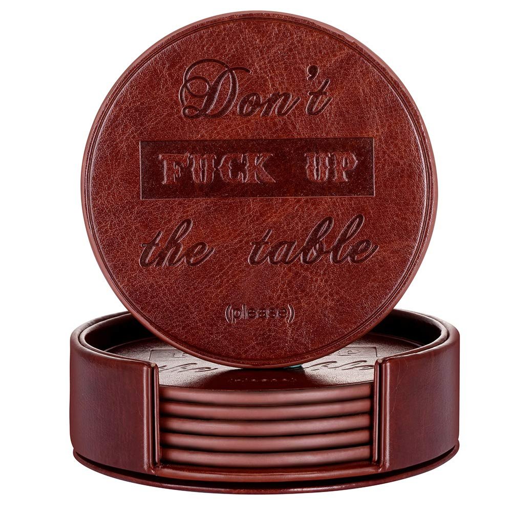Funny Coasters, Thipoten 6 Pcs Leather Coasters with Holder, Perfect Housewarming Hostess Gifts, Protect Furniture from Water Marks Scratch and Damage(6Pcs, Coffee)