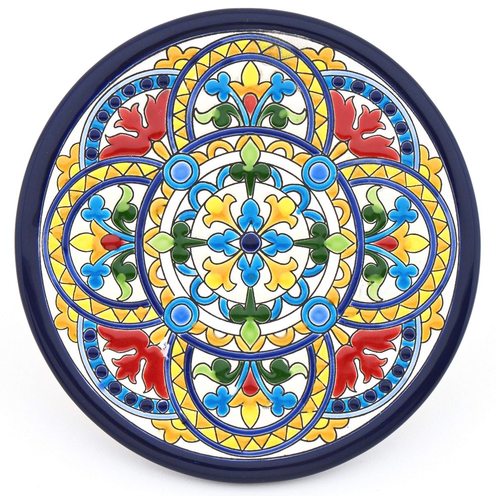 ART ESCUDELLERS Wall Plate Model 22, Decorative Ceramic Plate for Hanging Handpainted with The Dry Rope (cuerda seca) Technique Blue. 17cm Diameter.