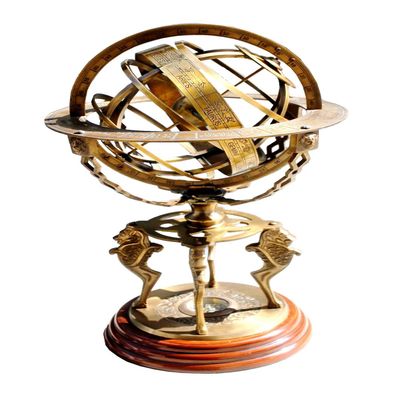 ANTIQUE Brass 18" Armillary Globe Sphere Engraved with Compass on Wooden Base~Home & Office Decor