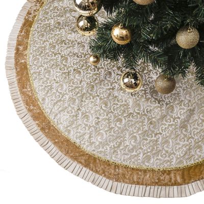 Valery Madelyn Christmas Tree Skirt for Tree Decorations, 48 Inch Fabric White Gold Small Xmas Velvet Tree Skirt with Embroidery Baroque Pattern & Pleated Border for Tree Merry Christmas Party Decor