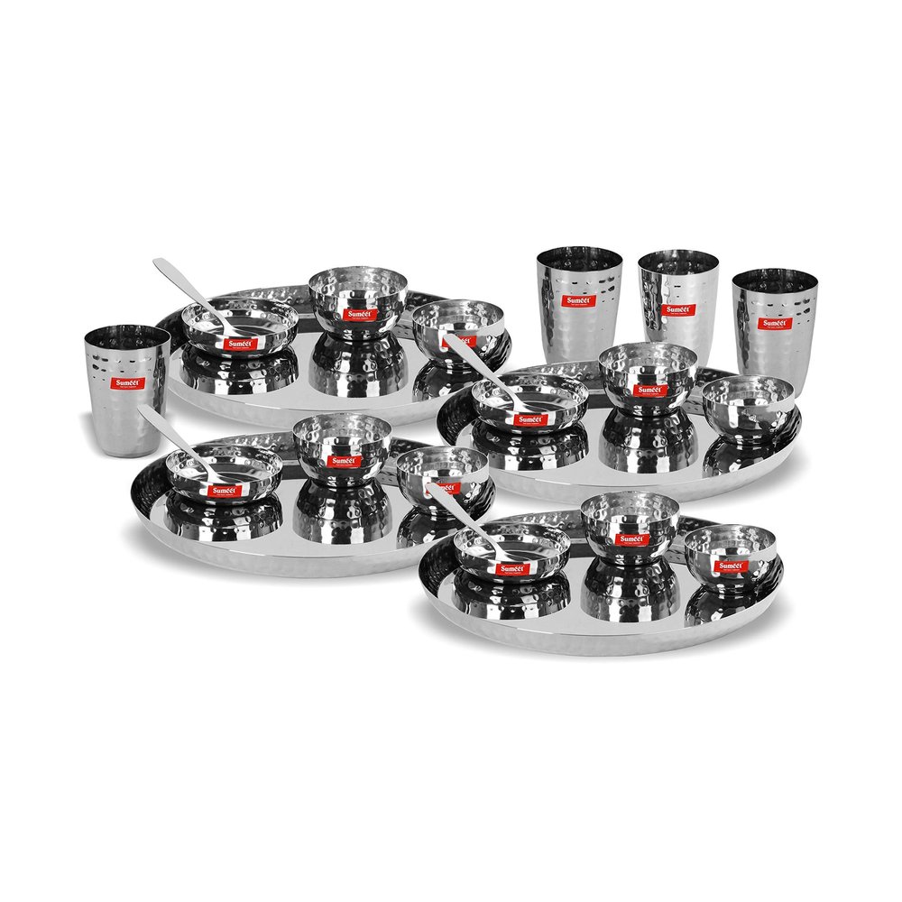 SUMEET Stainless Steel Royal Dinner Set (24 Pieces, Silver), Solid, Geometric
