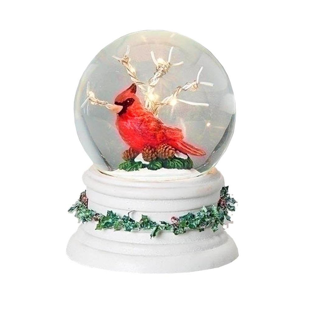 LED Glittery White Cardinal in Tree Glitterdome 5.5 x 4 Resin 100MM Snow Globe