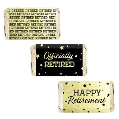 DISTINCTIVS Black and Gold Retirement Mini Candy Bar Wrappers  42 Stickers, Shiny Gold Foil Labels for Retirement Party Favors, Candy Buffet, and Decorations
