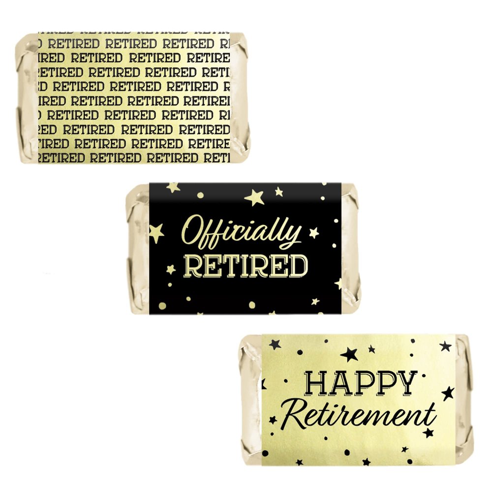 DISTINCTIVS Black and Gold Retirement Mini Candy Bar Wrappers  42 Stickers, Shiny Gold Foil Labels for Retirement Party Favors, Candy Buffet, and Decorations