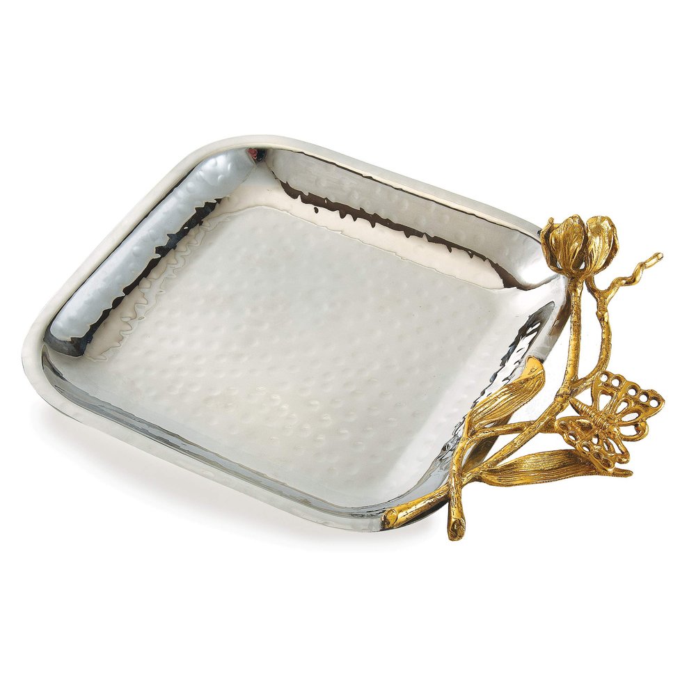 "Elegance Butterfly Square Tray, 6.5"", Silver/Gold" (70068)
