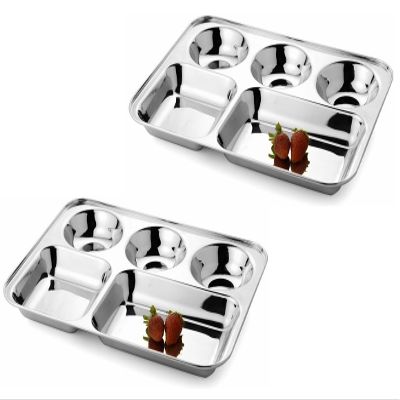 100% Stainless Steel Five in one Dinner Plate Five sections divided plate Five section plate -Set of 2 Mess Trays Great for Camping, 34 cm