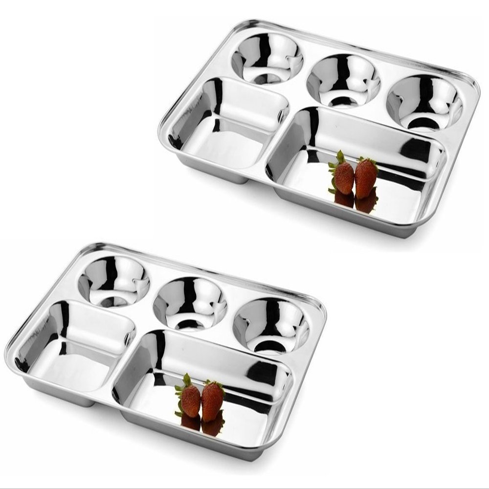 100% Stainless Steel Five in one Dinner Plate Five sections divided plate Five section plate -Set of 2 Mess Trays Great for Camping, 34 cm