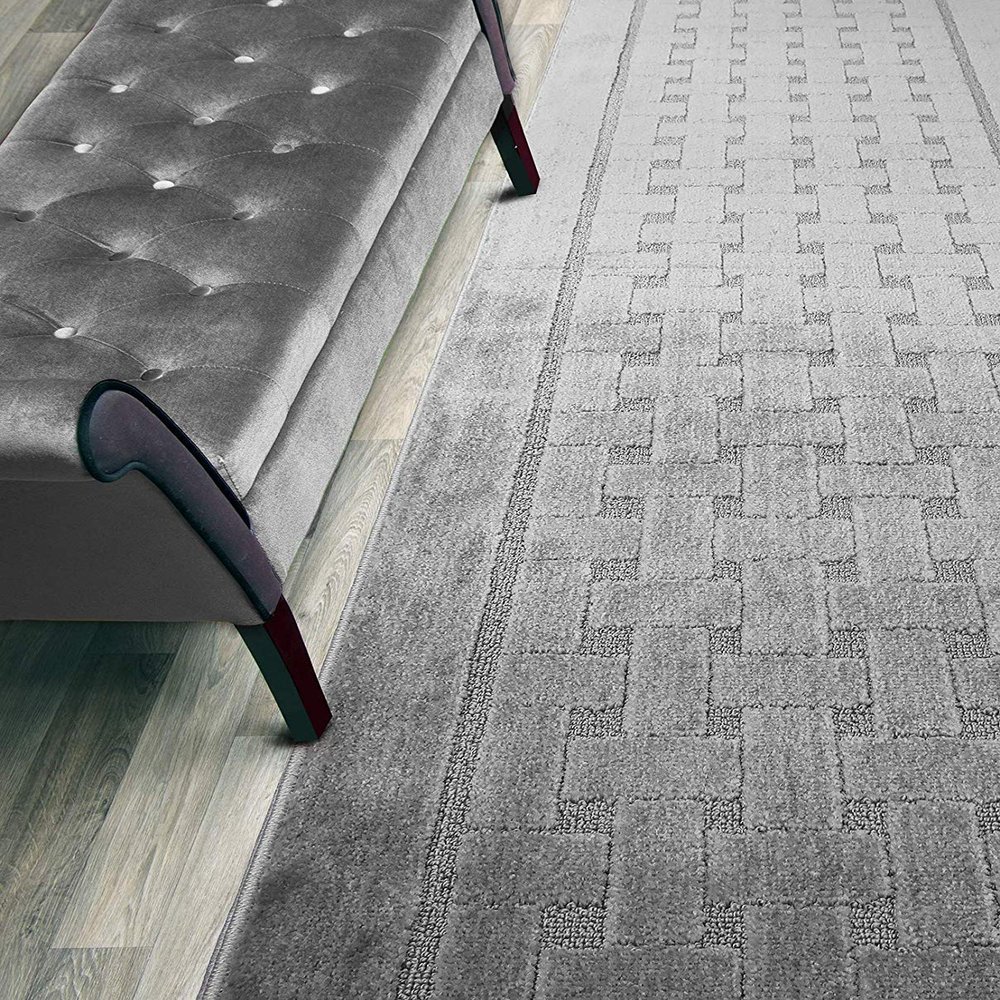 14 FT Long Non-Slip Washable Carpet Runner Rug with Rubber Backing, 26" X 14' Custom Size Floor Mat for Kitchen Hallway Stairs Bedroom Bathroom Entryway, Labyrinth Grey, Your Choice of Length
