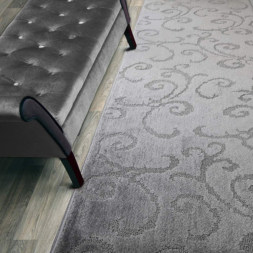 15 Ft Long Non-Slip Washable Carpet Runner Rug with Rubber Backing, Custom Floor Mat for Kitchen Hallway Stairs Bedroom Bathroom Entryway, Your Choice of Length, Scroll Grey (26" X 15')