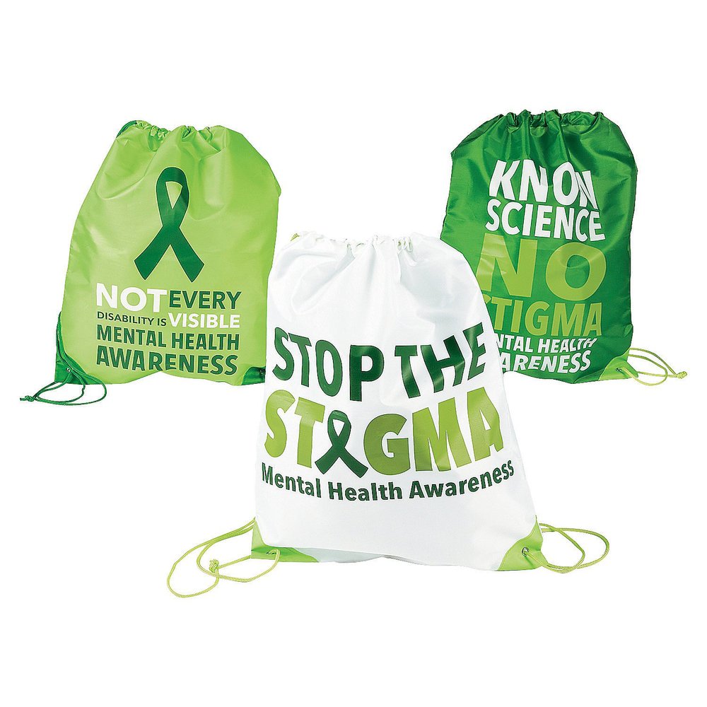 Fun Express Stop the Stigma Mental Health Drawstring Backpacks (set of 12) Green