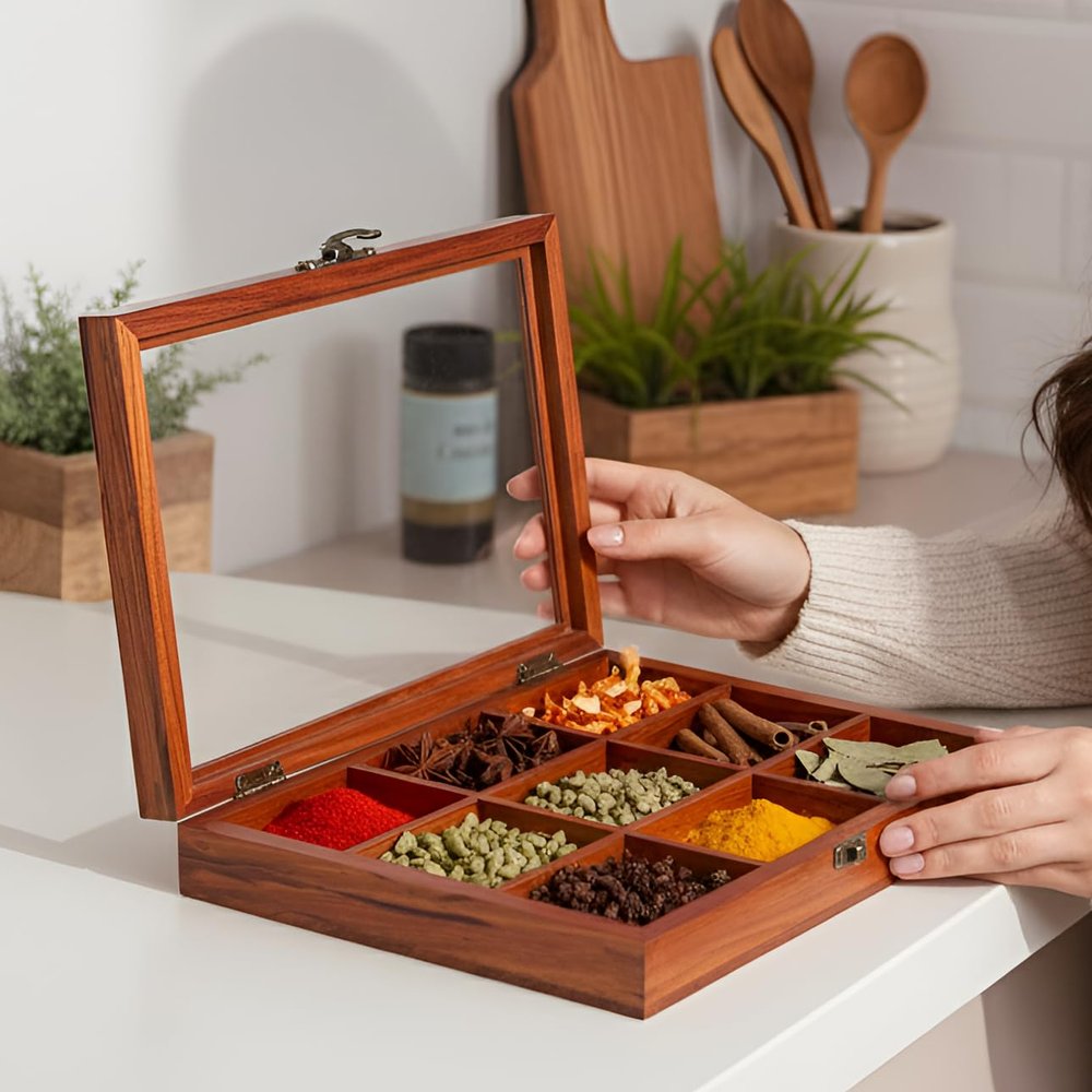 Creation India Craft Wooden Spice Box, Masala Container, Condiments Storage Case for Kitchen, Multipurpose Decorative Box - Indian Rosewood Crafted