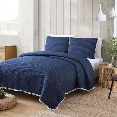 American Home Fashion Estate Collection Costa Brava Pom-pom 3-Piece Quilt Set Navy King 3 Piece