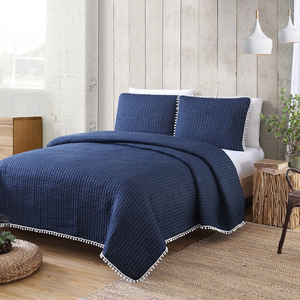 American Home Fashion Estate Collection Costa Brava Pom-pom 3-Piece Quilt Set Navy King 3 Piece