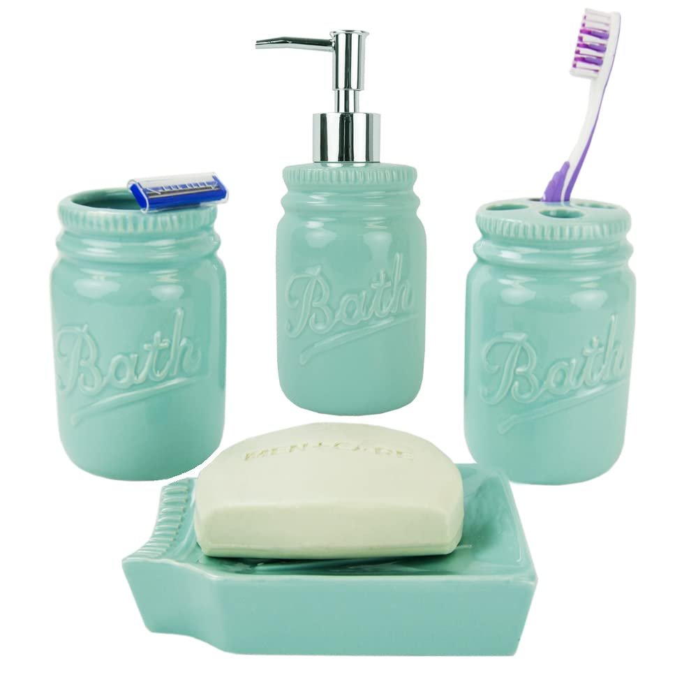4-Piece Ceramic Mason Jar Bathroom Set (White), By Home Basics | Beautiful and Contemporary Design Bathroom Accessory Sets | Bath Accessories For Bathroom | Includes Soap Dish, Tumbler, Toothbrush Holder, and Lotion Dispenser