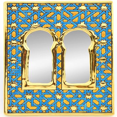 ART ESCUDELLERS Mirror Model 3, Decorative Ceramic Mirror for Hanging Handpainted with The Dry Rope (cuerda seca) Technique Gold of 24 K (Carat). 17cm x 22cm x 1cm.