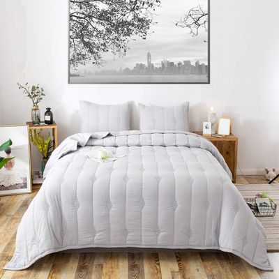 ANNA.Z HOME Twin Quilt Set, Lightweight Bedding Set, Washed Soft Fabric, Silver Grey, Boho Embroidered Coverlet, All-Season, Machine Washable, 3-piece Set, 1 Quilt + 2 Shams (Light Grey, Twin Set)