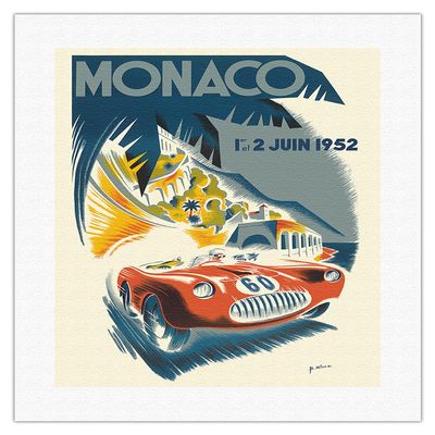 1952 Monaco Grand Prix - Race Cars - Vintage Car Racing Poster by B. Minne c.1952 - Fine Art Rolled Canvas Print 16in x 20in
