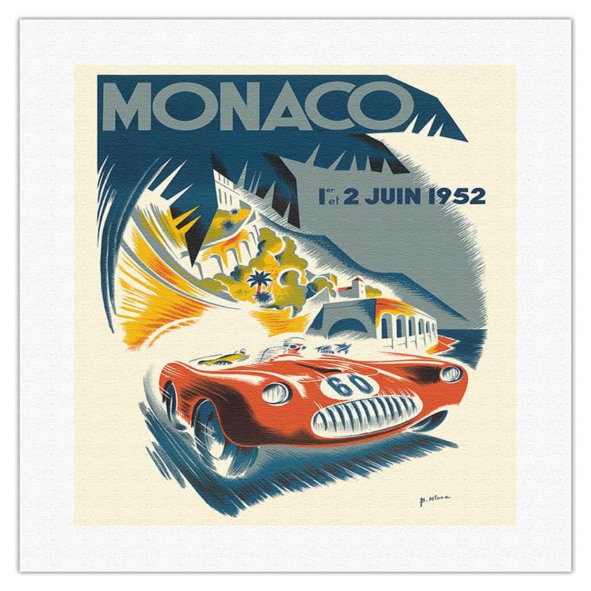 1952 Monaco Grand Prix - Race Cars - Vintage Car Racing Poster by B. Minne c.1952 - Fine Art Rolled Canvas Print 16in x 20in