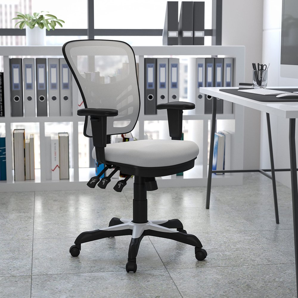 EMMA + OLIVER Mid-Back White Mesh Multifunction Executive Swivel Ergonomic Office Chair with Adjustable Arms