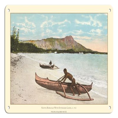 Pacifica Island Art Native with Outrigger Canoe (Waa) - Honolulu Hawaii - Vintage Hawaiian Color Postcard c.1910s - 8 x 12 inch Vintage Metal Tin Sign