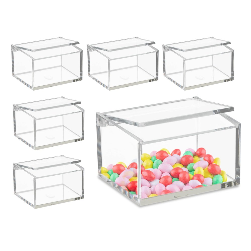 Hammont Clear Acrylic Box with Hinged Lid Small Plastic Organizer for Office, Desk, Makeup, Crafts, Cotton Balls, Jewelry & More | 3.5"x2"x2" (6 Pack)