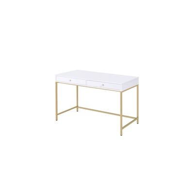 Acme Ottey Wooden Top Writing Desk with 2 Drawers in White High Gloss and Gold
