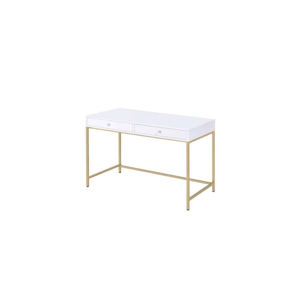 Acme Ottey Wooden Top Writing Desk with 2 Drawers in White High Gloss and Gold