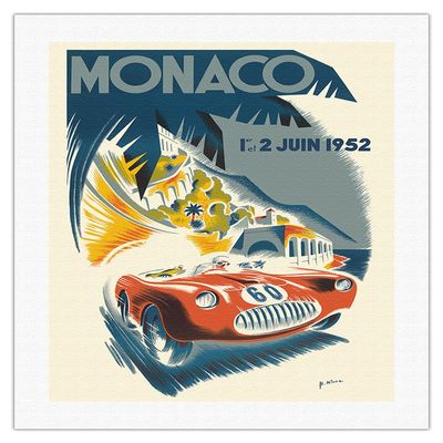 1952 Monaco Grand Prix - Race Cars - Vintage Car Racing Poster by B. Minne c.1952 - Fine Art Rolled Canvas Print 20in x 26in