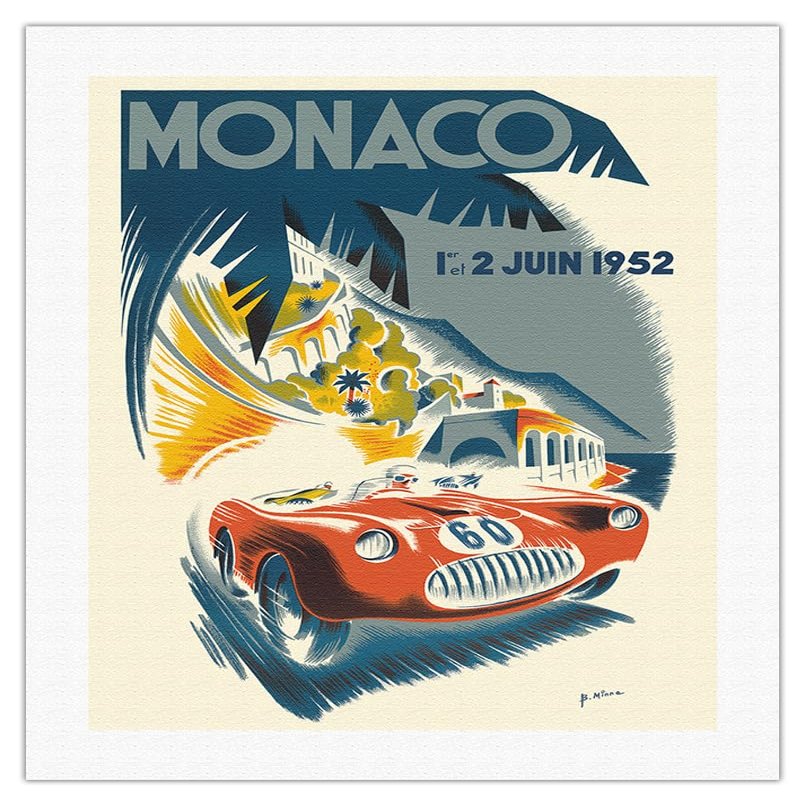 1952 Monaco Grand Prix - Race Cars - Vintage Car Racing Poster by B. Minne c.1952 - Fine Art Rolled Canvas Print 20in x 26in