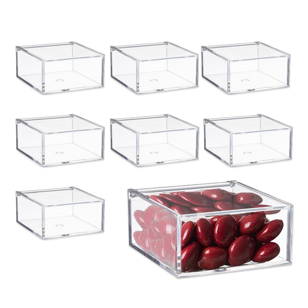 Hammont Clear Acrylic Box with Hinged Lid Small Plastic Organizer for Office, Desk, Makeup, Crafts, Cotton Balls, Jewelry & More | 2.5"x2.5"x1" (8 Pack)