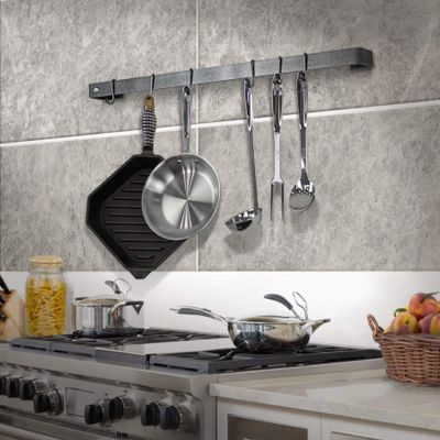 Handcrafted 36" Utensil Bar w 6 Hooks Hammered Steel