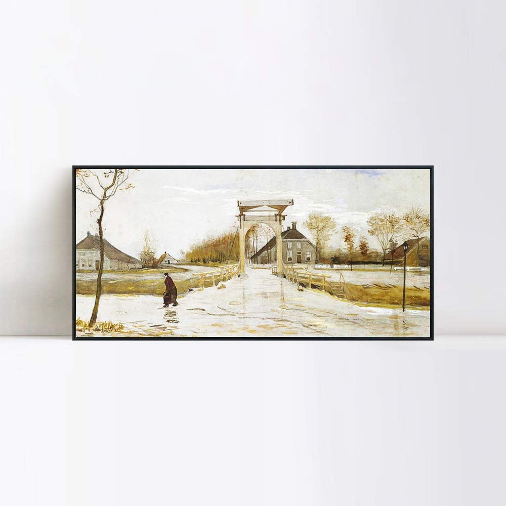INVIN ART Framed Canvas Giclee Print Drawbridge in Nieuw-Amsterdam, 1883 by Vincent Van Gogh Wall Art Living Room Home Office Decorations(Black Slim Frame,16"x32")