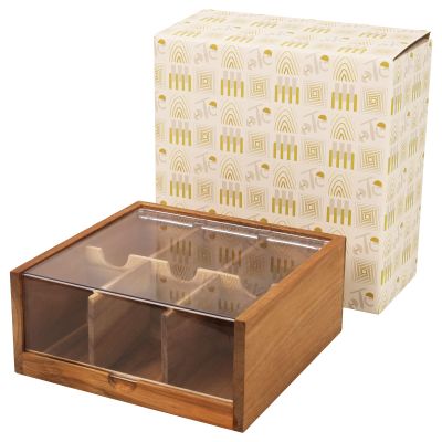 HTB Acacia Wood Tea Bag Organizer Storage, Gift Box 6 Compartments Tea Chest Box with Acrylic Transparent Hinged Lid