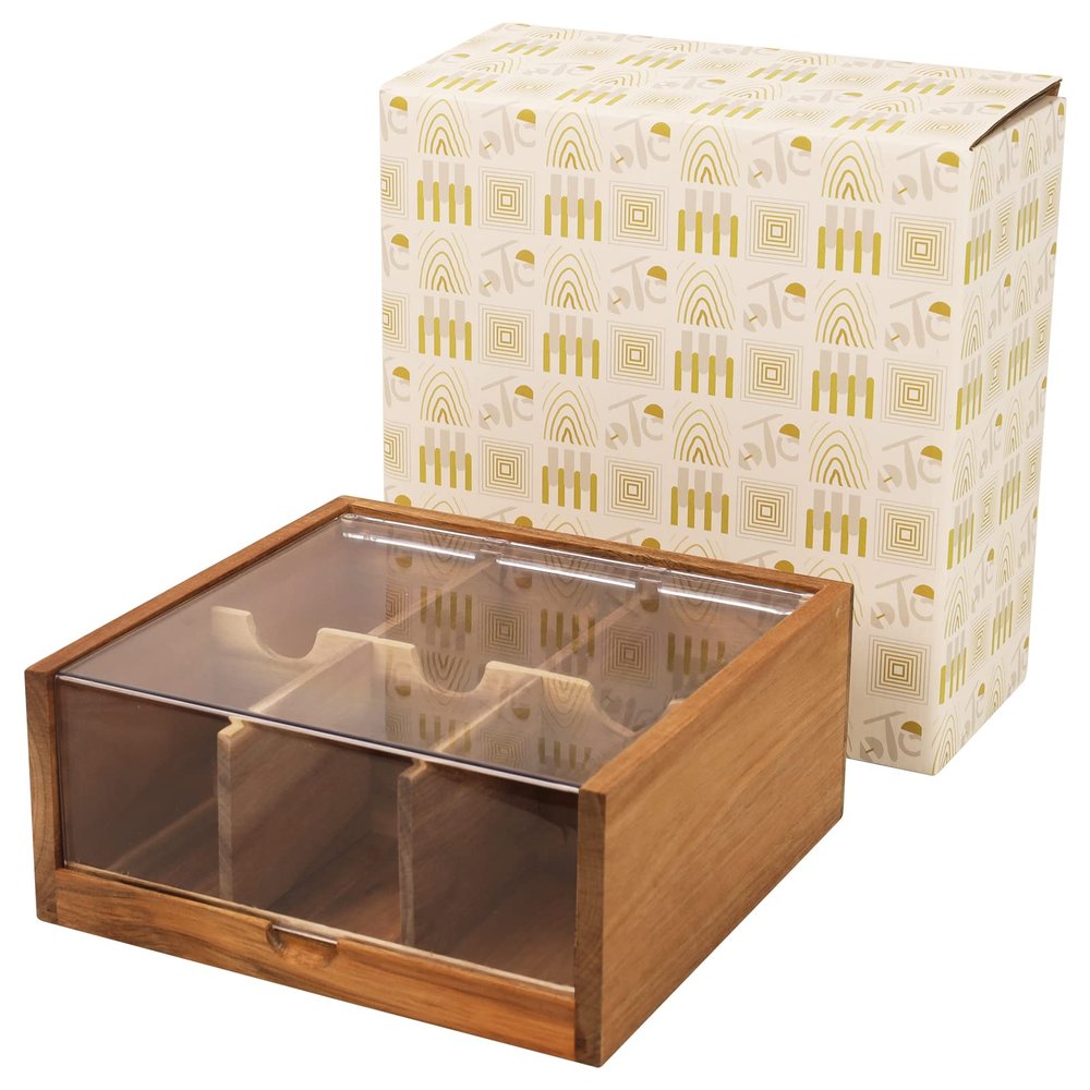 HTB Acacia Wood Tea Bag Organizer Storage, Gift Box 6 Compartments Tea Chest Box with Acrylic Transparent Hinged Lid
