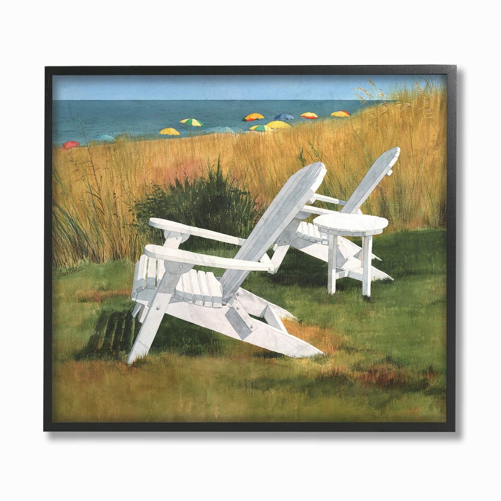 The Stupell Home Decor Two White Adirondack Chairs by Umbrella Beach Framed Texturized Art, 11 x 14, Proudly Made in USA