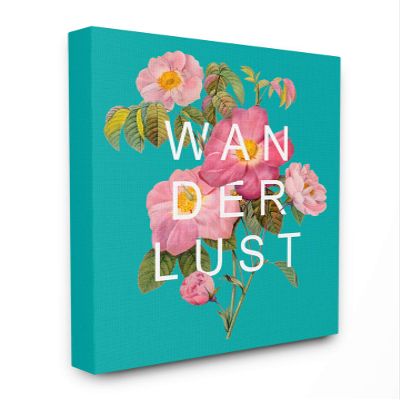 The Stupell Home Decor Teal Wanderlust Typography Over Floral Canvas Wall Art, 24 x 30, Proudly Made in USA