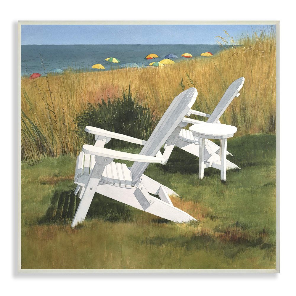 Stupell Industries Two White Adirondack Chairs by Umbrella Beach Wall Plaque, 10 x 15, Multi-Color