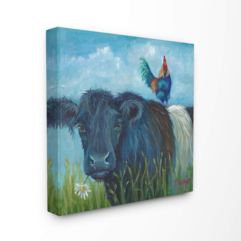 The Stupell Home Decor Blue Tinted Cow and Rooster Pasture Painting Canvas Wall Art, 24 x 24, Proudly Made in USA
