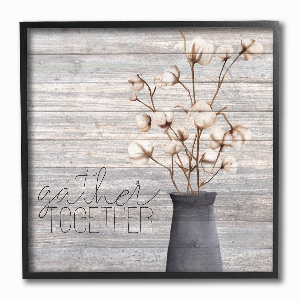 The Stupell Home Decor Grey Gather Together Cotton Flowers in Vase Framed Texturized Art, 12 x 12, Proudly Made in USA