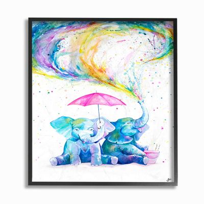 The Stupell Home Decor Rainbow Watercolor Spraying Elephants with Pink Umbrella Framed Texturized Art, 11 x 14, Proudly Made in USA