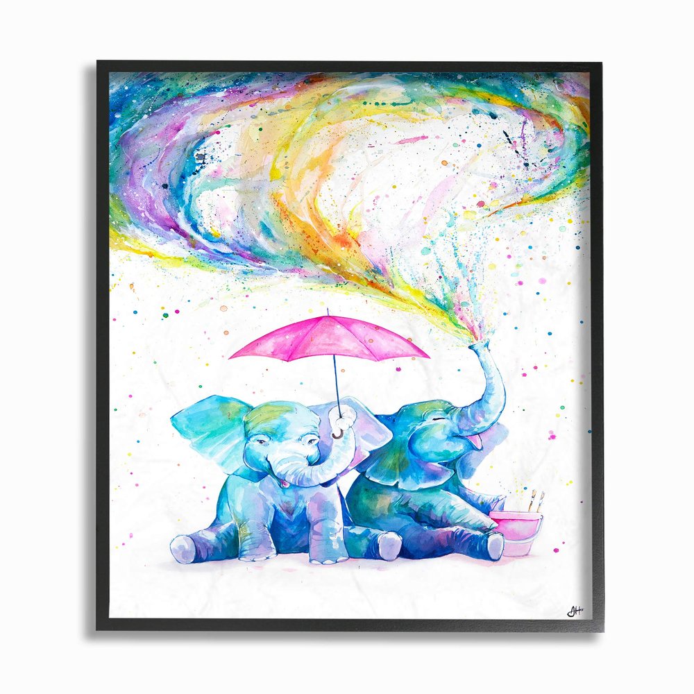 The Stupell Home Decor Rainbow Watercolor Spraying Elephants with Pink Umbrella Framed Texturized Art, 11 x 14, Proudly Made in USA