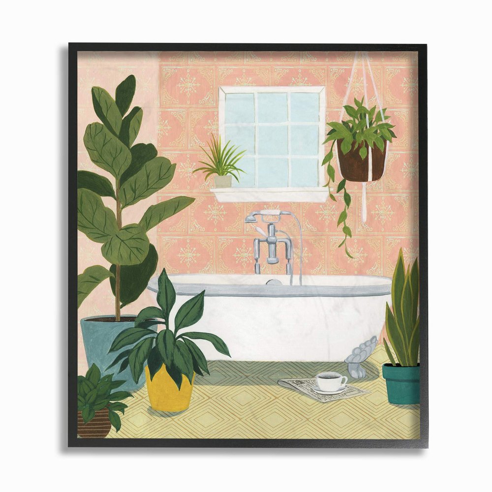 Stupell Industries Peach Bathroom Oasis Scene with Fiddle Leaf Plants Black Framed Wall Art, 11 x 14, Multi-Color