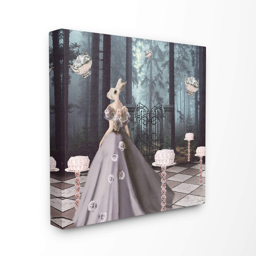 The Stupell Home Decor Surreal Blue Bunny Wonderland Floral Tea Party in a Forest Landscape Canvas Wall Art, 24 x 24, Proudly Made in USA